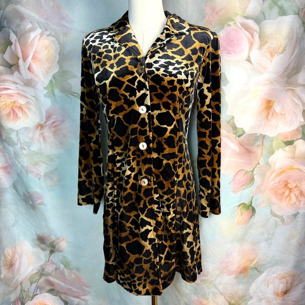 Vintage 90s Clio Petites Leopard Print Velvet Longline Jacket Blazer